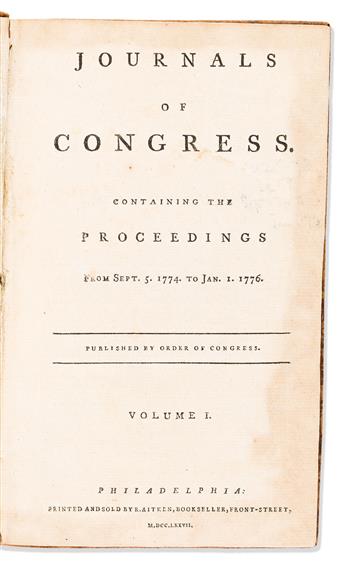 (AMERICAN REVOLUTION--1775.) Journals of Congress, Containing the Proceedings from Sept. 5, 1774 to Jan. 1, 1776.                                